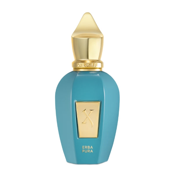 Xerjoff - Vibe - Erba Pura zeigt blauen luxuriösen Flakon mit goldfarbenem Verschluss und dezentem Schriftzug elegant gestaltet