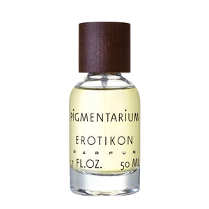 Pigmentarium - Erotikon zeigt klaren Flakon mit leicht gelblichem Duft und dunkelbraunem Holzverschluss puristisch gestaltet