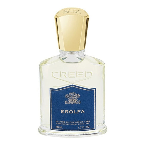 Creed - Erolfa Parfumflakon mit blauem Label und goldenem Verschluss in klarer Glasflasche vor weißem Hintergrund