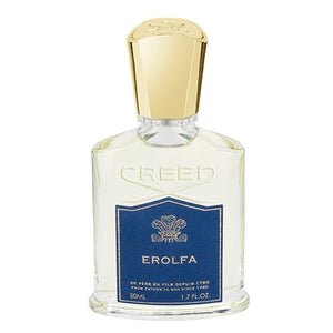 Creed - Erolfa Parfumflakon mit blauem Label und goldenem Verschluss in klarer Glasflasche vor weißem Hintergrund