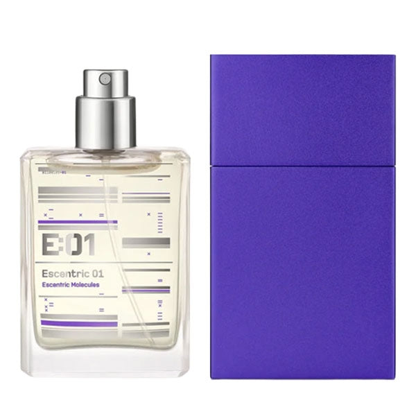 Escentric Molecules - Escentric 01 - Travel Spray in klarem Flakon mit modernem Design und violettem Schutzcase aus Metall