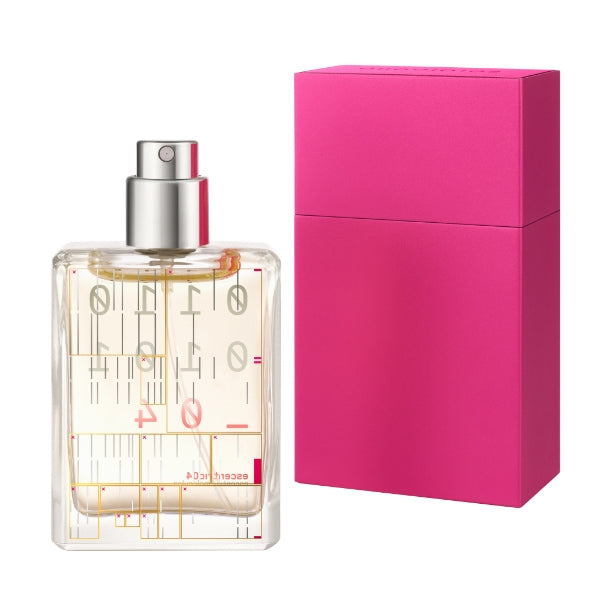 Escentric Molecules - Escentric 04 - Travel Spray mit klarer Flasche und auffälliger pinker Verpackung vor weißem Hintergrund