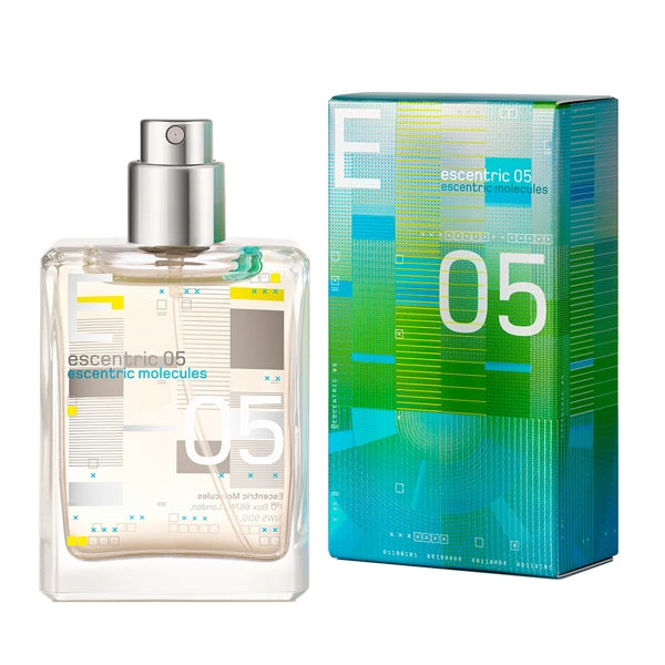 Escentric Molecules - Escentric 05 - Travel Spray Refill transparente Flasche mit silberner Sprühkappe und farbigem Verpackungsdesign