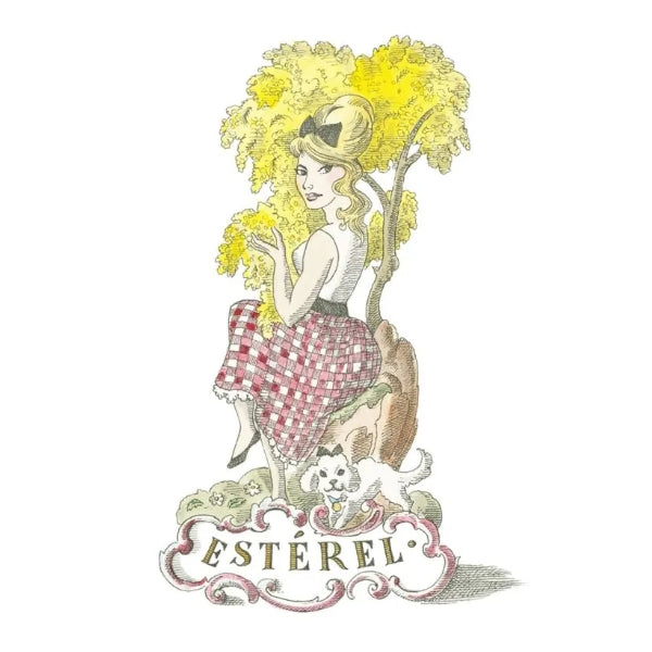 Trudon - Les Belles Matières - Estérel - Duftkerze Illustration mit Frau, Mimose und kleinem Hund im Vintage-Stil