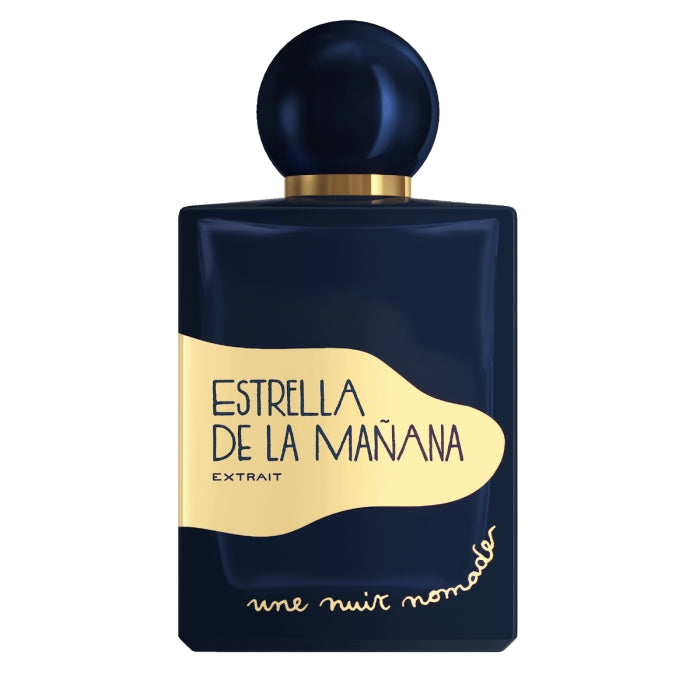 Une Nuit Nomade - Extraits de Voyage - Estrella de la Mañana Parfumflakon in elegantem Dunkelblau mit goldener Etikette und rundem Verschluss