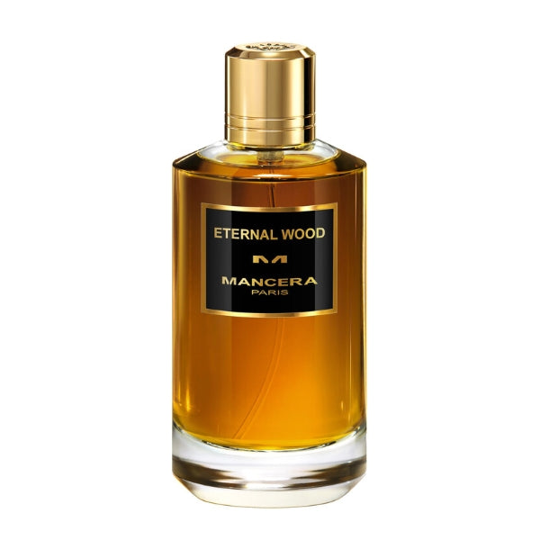 Mancera - Eternal Wood Parfumflakon in goldbrauner Farbe mit schwarzem Etikett und goldfarbenem Verschluss vor weißem Hintergrund