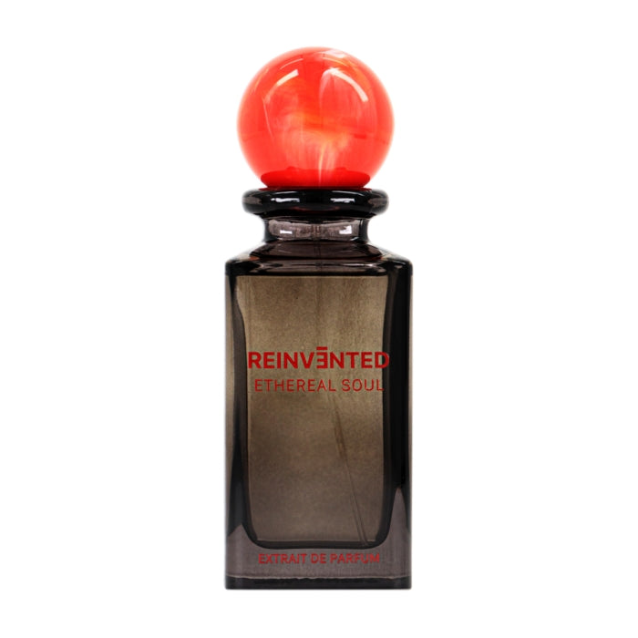 Reinvented Parfums - Ethereal Soul Parfumflakon mit schwarzem Glas und leuchtend rotem Kugeldeckel vor weißem Hintergrund