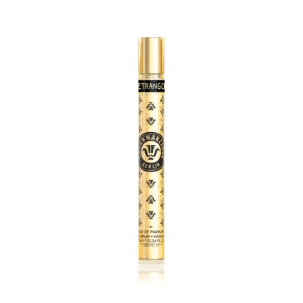 J.F. Schwarzlose Berlin - Etrango Parfumminiatur in goldfarbenem Design mit schwarzem Schriftzug und Logo auf der Vorderseite