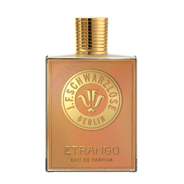 J.F. Schwarzlose Berlin - Etrango Parfumflakon mit goldfarbenem Verschluss und prägendem Logo auf apricotfarbenem Hintergrund
