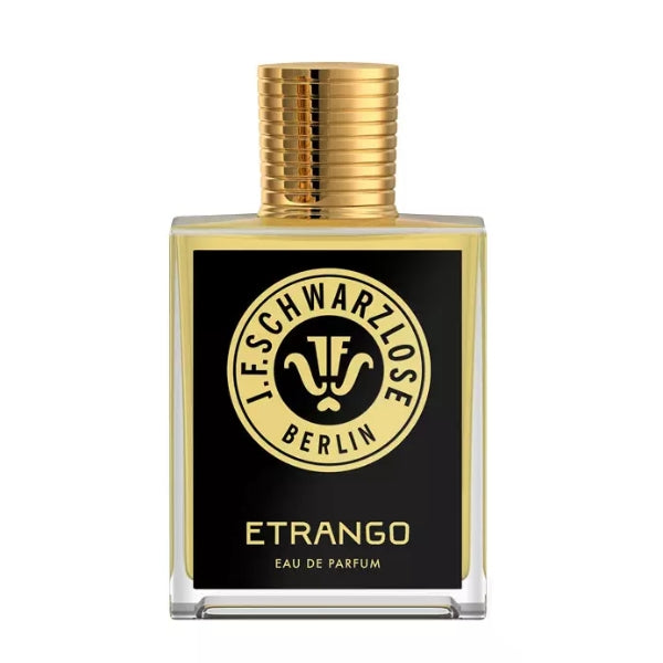 J.F. Schwarzlose Berlin - Etrango Parfumflakon mit goldfarbenem Verschluss und schwarzem Etikett im klaren Glasflakon