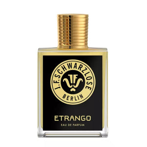 J.F. Schwarzlose Berlin - Etrango Parfumflakon mit goldfarbenem Verschluss und schwarzem Etikett im klaren Glasflakon