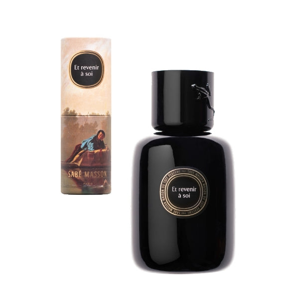 Sabé Masson - Et revenir à Soi - La Rencontre elegante schwarze Parfumflasche mit klassischer Verpackung und Kunstmotiv