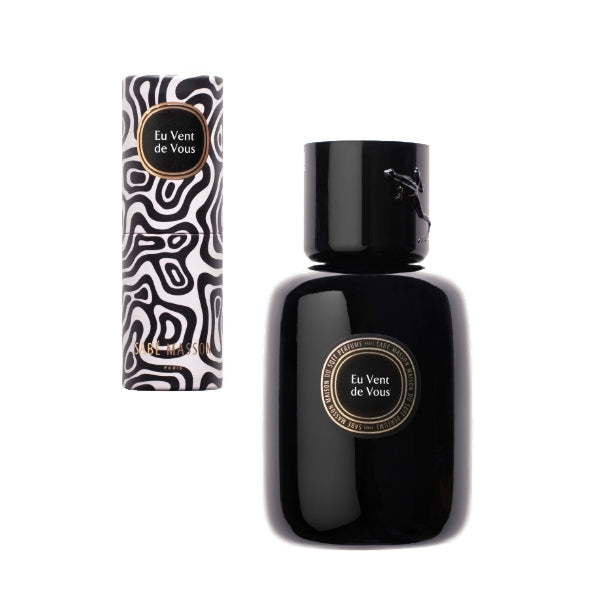 Sabé Masson - Eu Vent de Vous - La Rencontre Parfumflasche in schwarzem Design mit abstrakter Verpackung auf weißem Hintergrund