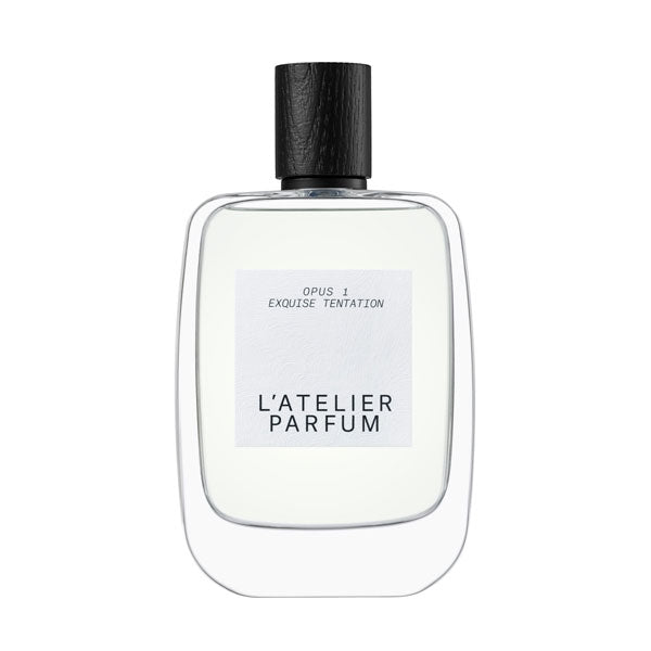 L'Atelier Parfum - Opus 1 - Exquise Tentation klarer Flakon mit schwarzem Verschluss vor weißem Hintergrund