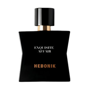 Hedonik by Francesca Bianchi - Exquisite Affair Parfumflakon in elegantem Schwarz mit goldenen Akzenten vor weißem Hintergrund