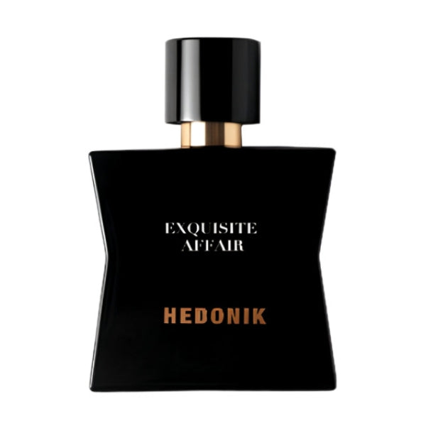Hedonik by Francesca Bianchi - Exquisite Affair Parfumflakon in elegantem Schwarz mit goldenen Akzenten vor weißem Hintergrund