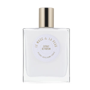 Pierre Guillaume - Beyond Collection - Le Musc & La Peau Extrait klarer Parfümflakon mit goldenem Deckel vor weißem Hintergrund