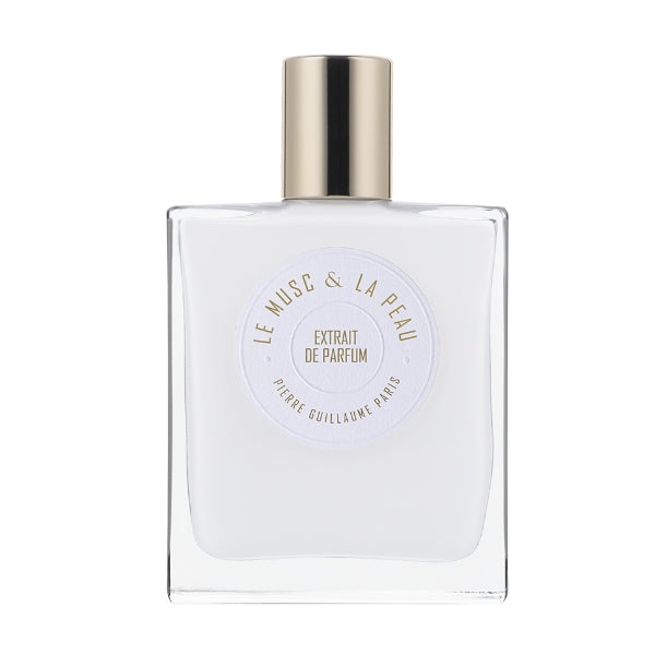 Pierre Guillaume - Beyond Collection - Le Musc & La Peau Extrait klarer Parfümflakon mit goldenem Deckel vor weißem Hintergrund