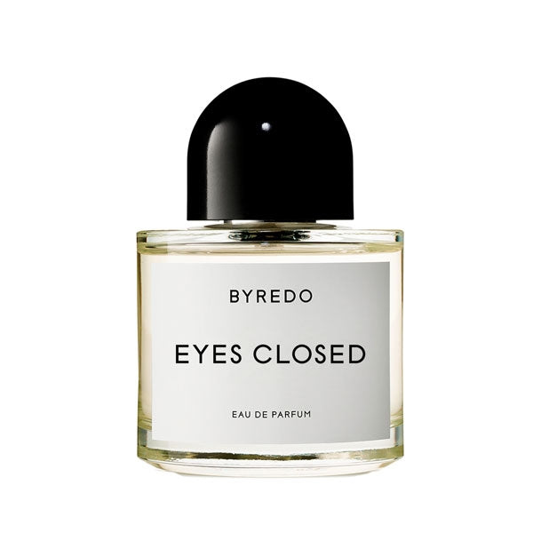 Byredo - Eyes Closed Parfumflakon mit klarem Glas und schwarzem, abgerundetem Verschluss vor weißem Hintergrund