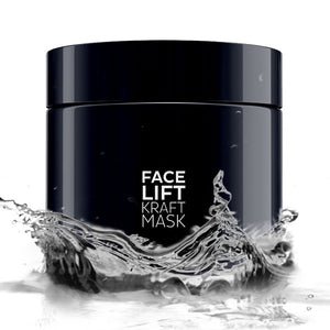 EBENHOLZ - Facelift Kraft Mask schwarzer Tiegel mit glänzendem Deckel und Wasserspritzern vor weißem Hintergrund