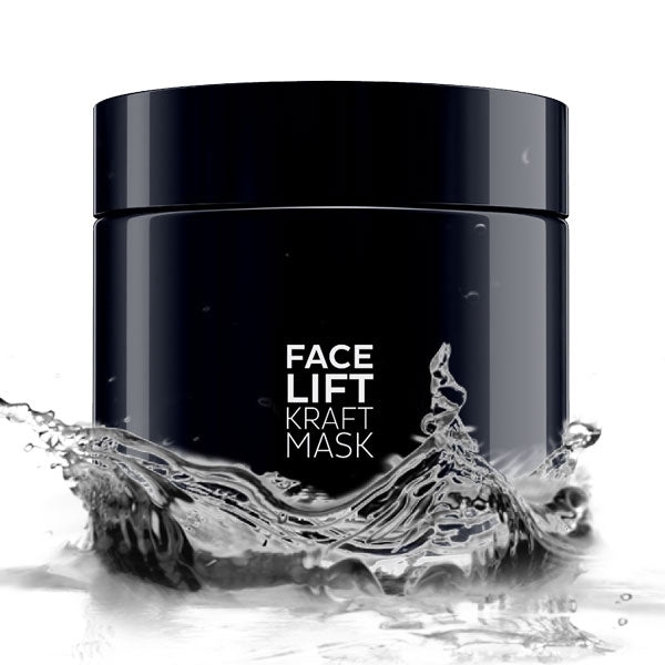 EBENHOLZ - Facelift Kraft Mask schwarzer Tiegel mit glänzendem Deckel und Wasserspritzern vor weißem Hintergrund