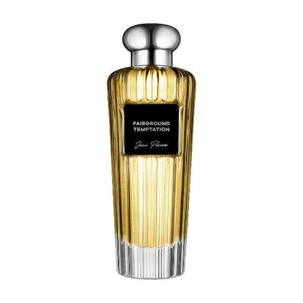 Jean Poivre - Fairground Temptation Parfumflakon mit warmgoldenem geriffeltem Glas und glänzendem silbernem Verschluss elegant inszeniert