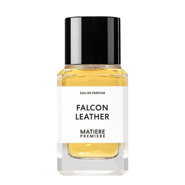Matière Première - Falcon Leather präsentiert klaren Flakon mit schwarzem Verschluss und bernsteinfarbenem Parfumöl vor weißem Hintergrund