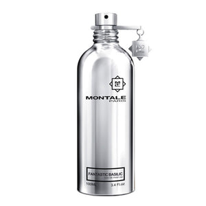 Montale - Fantastic Basilic Parfumflakon in reflektierendem silbernem Design mit schwarzem Schriftzug vor weißem Hintergrund