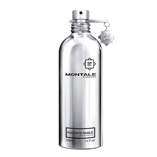 Montale - Fantastic Basilic Parfumflakon in reflektierendem silbernem Design mit schwarzem Schriftzug vor weißem Hintergrund