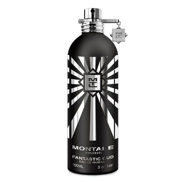 Montale - Fantastic Oud Parfumflakon in mattschwarzer Optik mit silbernen Strahlen und Anhänger vor weißem Hintergrund