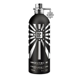 Montale - Fantastic Oud Parfumflakon in mattschwarzer Optik mit silbernen Strahlen und Anhänger vor weißem Hintergrund