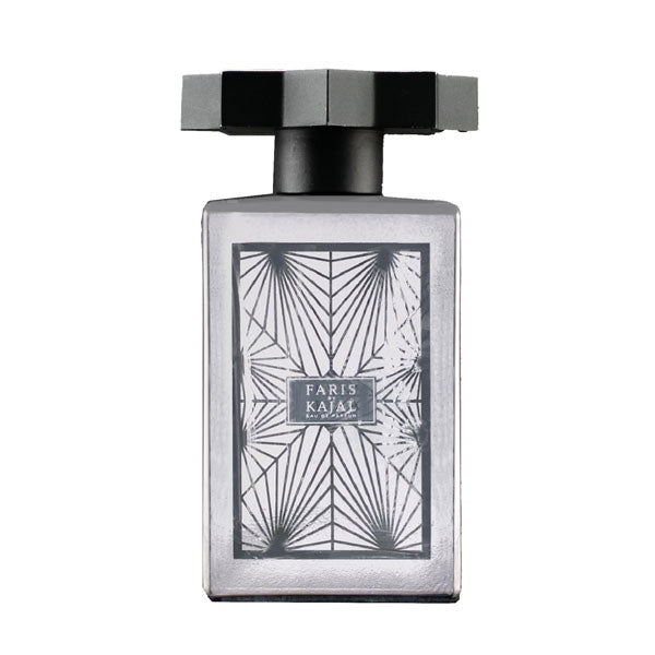 Kajal - Faris Parfumflakon mit geometrischem schwarz-weißem Muster und markantem sechseckigem Verschluss vor weißem Hintergrund