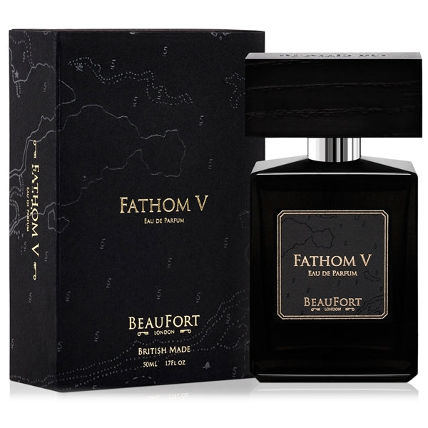 BeauFort London - Fathom V eleganter schwarzer Flakon mit passender schwarzer Verpackung und goldener Schriftgestaltung
