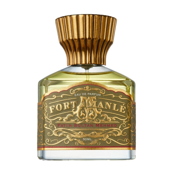 Fort & Manlé - Fatih Sultan Mehmed Parfümflakon mit kunstvollem goldverziertem Etikett und markantem goldfarbenem Verschluss