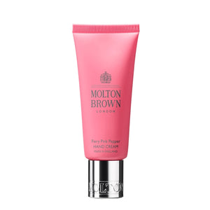 Molton Brown - Fiery Pink Pepper - Hand Cream in pinker Tube mit silbernem Verschluss auf weißem Hintergrund