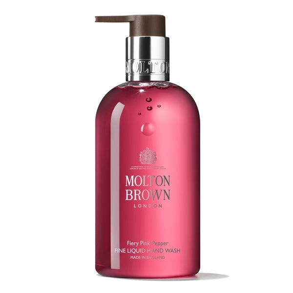 Molton Brown - Fiery Pink Pepper Fine Liquid Hand Wash in transparenter Flasche mit Pumpspender auf weißem Hintergrund