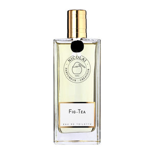 Nicolaï Fig Tea Eau de Toilette in tall clear rectangular bottle with gold cap and black seal on white background