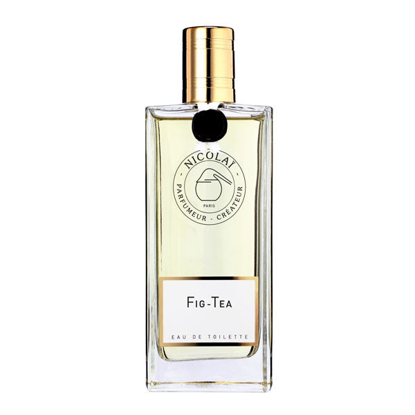 Nicolaï Fig Tea Eau de Toilette in tall clear rectangular bottle with gold cap and black seal on white background