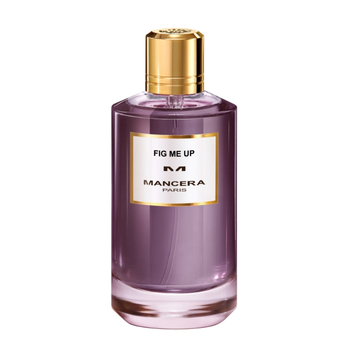 Mancera - Fig Me Up Flakon mit violettem Duft und goldenem Verschluss vor weißem Hintergrund elegant inszeniert