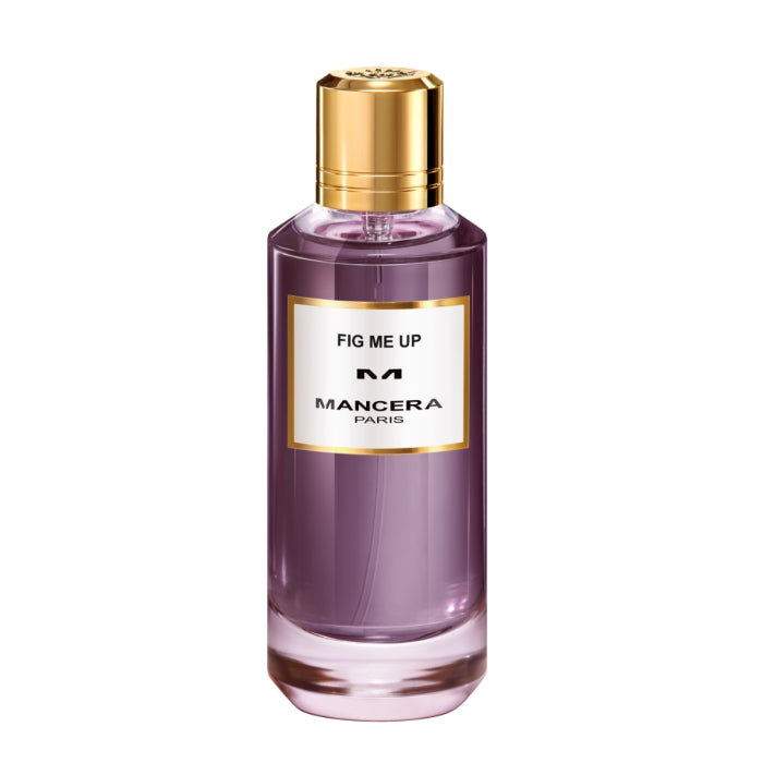 Mancera - Fig Me Up Duftflakon mit violettem Parfum und goldenem Verschluss vor weißem Hintergrund präsentiert