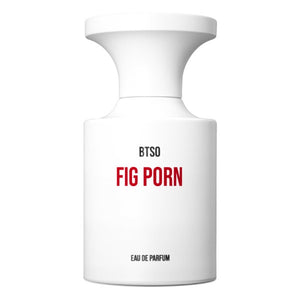 BORNTOSTANDOUT - Fig Porn Parfumflakon in schlichtem Weiß mit roter Schrift auf weißem Hintergrund