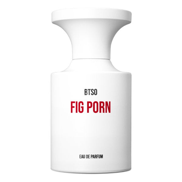 BORNTOSTANDOUT - Fig Porn Parfumflakon in schlichtem Weiß mit roter Schrift auf weißem Hintergrund