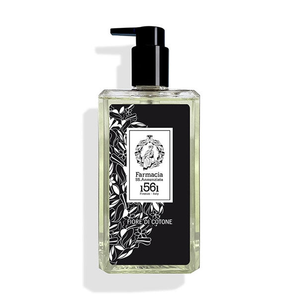 Farmacia SS. Annunziata - Fiore di Cotone - Duschgel in rechteckiger klarer Flasche mit schwarzem Pumpspender und floralem Etikett