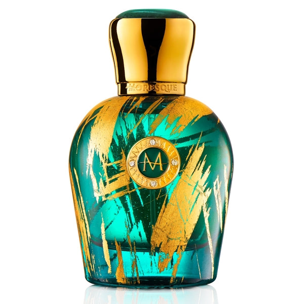 Moresque Parfum - Art Collection - Fiore di Portofino Grüner Flakon mit goldenen Akzenten und goldenem Verschluss vor weißem Hintergrund