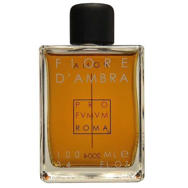 Profumum Roma - Fiore d'Ambra Parfum in rechteckiger Glasflasche mit schwarzem Verschluss und bernsteinfarbenem Inhalt