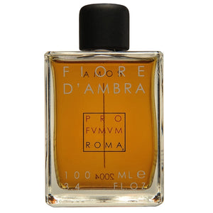 Profumum Roma - Fiore d'Ambra Parfum in rechteckiger Glasflasche mit schwarzem Verschluss und bernsteinfarbenem Inhalt