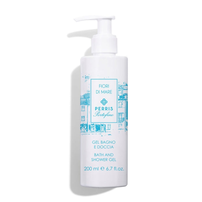 Perris Portofino - Fiori Di Mare - Bath & Shower Gel in weißer Flasche mit blauer Beschriftung und blumig-samtigem Duft