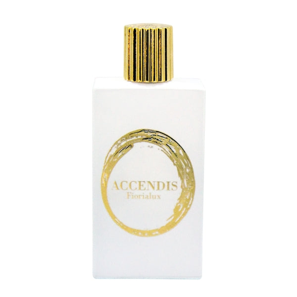 Accendis - The Whites - Fiorialux Parfumflakon mit weißem Gehäuse und goldenem Verschluss und Label vor weißem Hintergrund