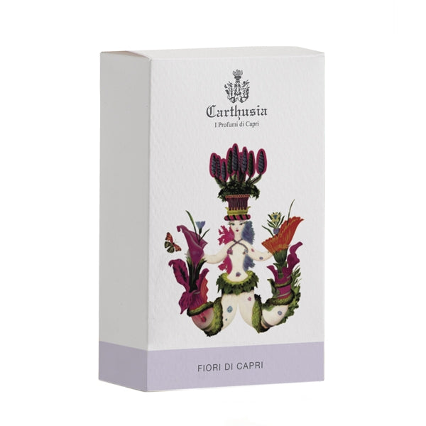 Carthusia - Fiori di Capri Verpackung mit kreativem floralen Motiv auf hellem Hintergrund und fliederfarbenem Akzent