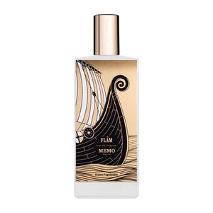 Memo Paris - Flåm Parfumflakon mit grafischem Wikingerschiff und roségoldenem Verschluss vor weißem Hintergrund